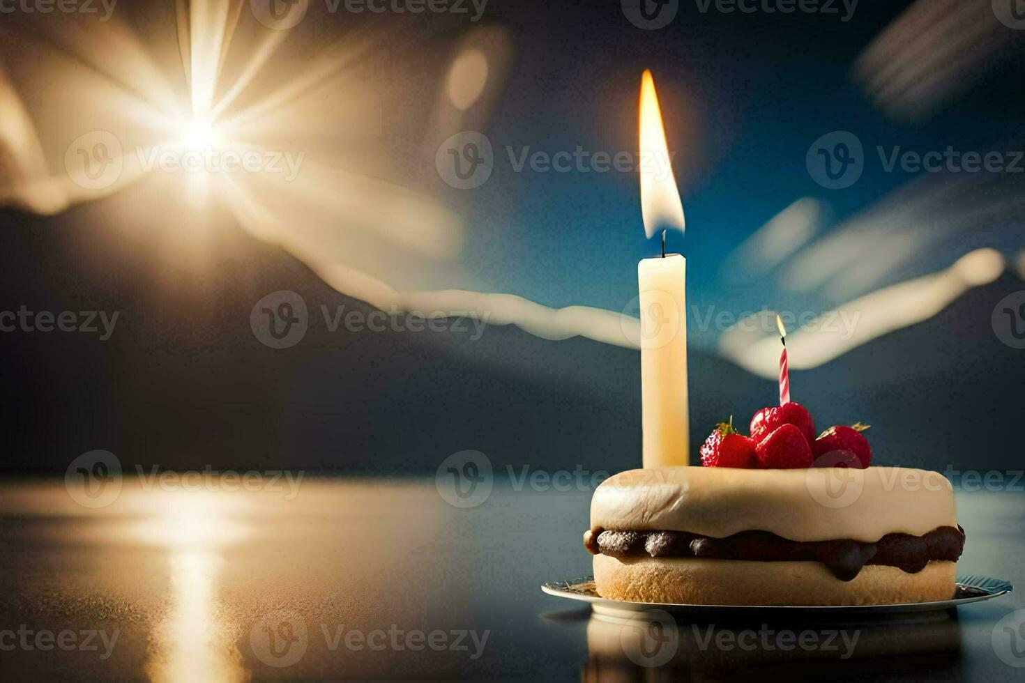 a single candle is lit on a cake with a mountain in the background. AI-Generated photo