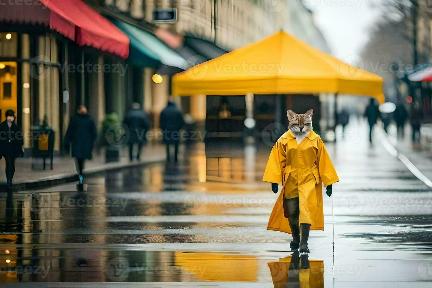 a fox in a yellow raincoat walking down a street. AI-Generated photo