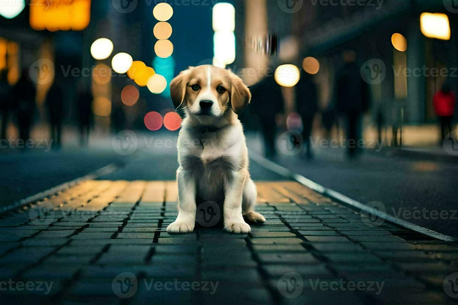 a puppy sitting on the street at night. AI-Generated photo