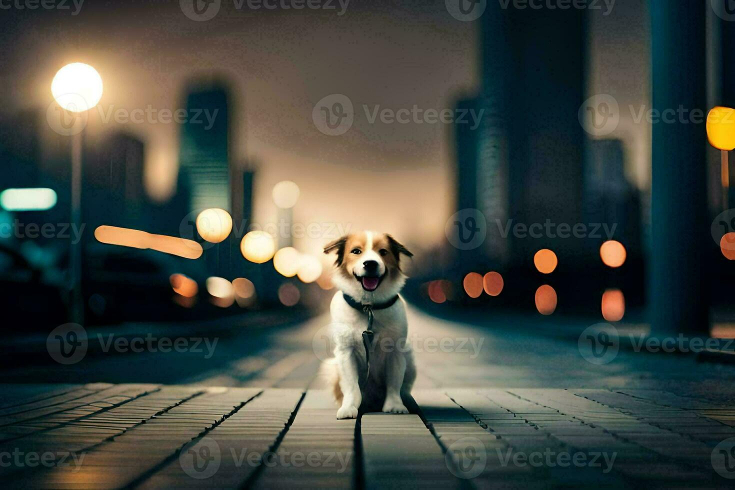 a dog sitting on a wooden walkway in front of city lights. AI-Generated photo