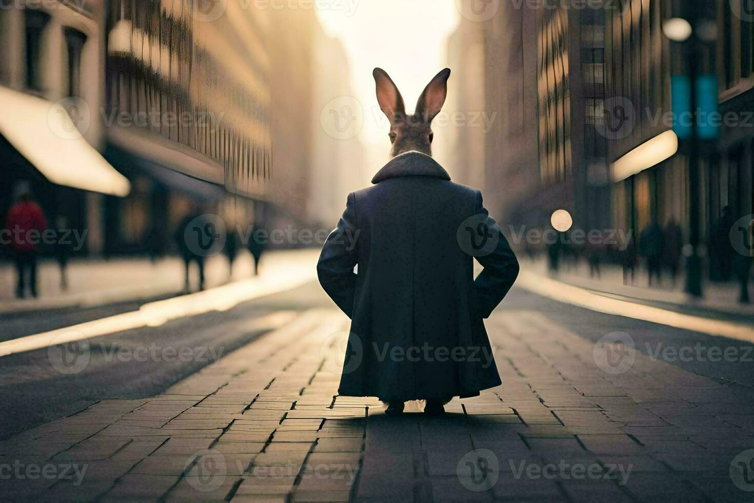 a rabbit wearing a coat and hat stands in the middle of a city street. AI-Generated photo