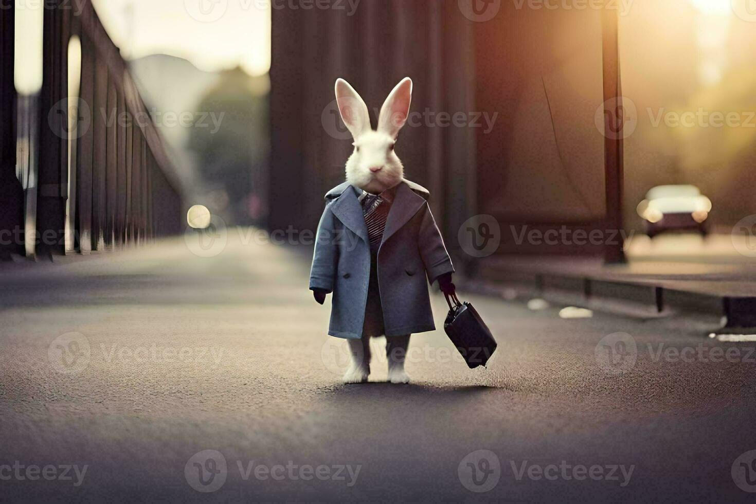 a rabbit in a suit and tie standing on a street. AI-Generated photo