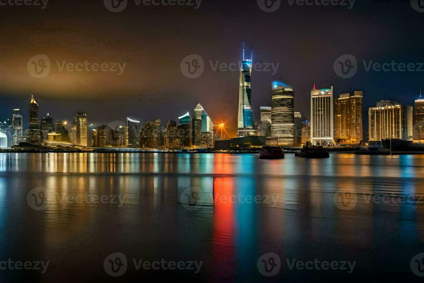 the city skyline at night with lights reflecting in the water. AI-Generated photo