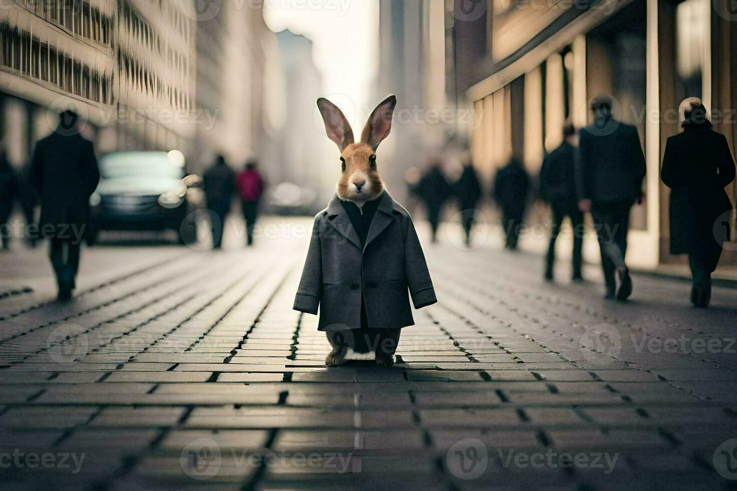 un Conejo vistiendo un traje y Corbata en un calle. generado por ai foto