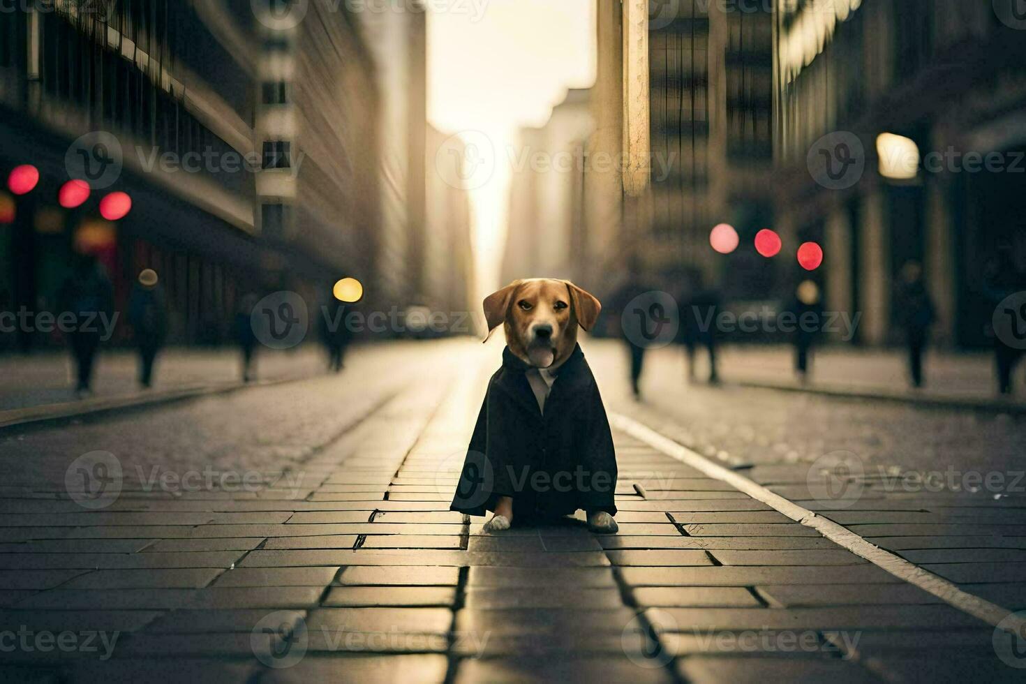 a dog in a suit standing on a city street. AI-Generated photo