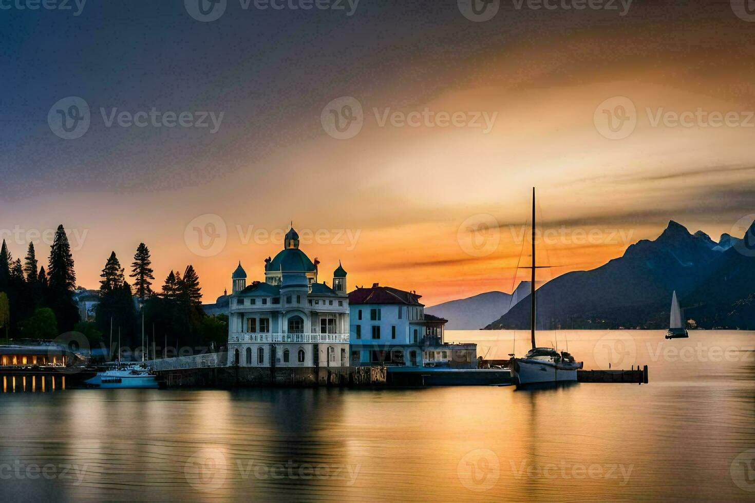 a beautiful sunset over lake lugnano in italy. AI-Generated photo