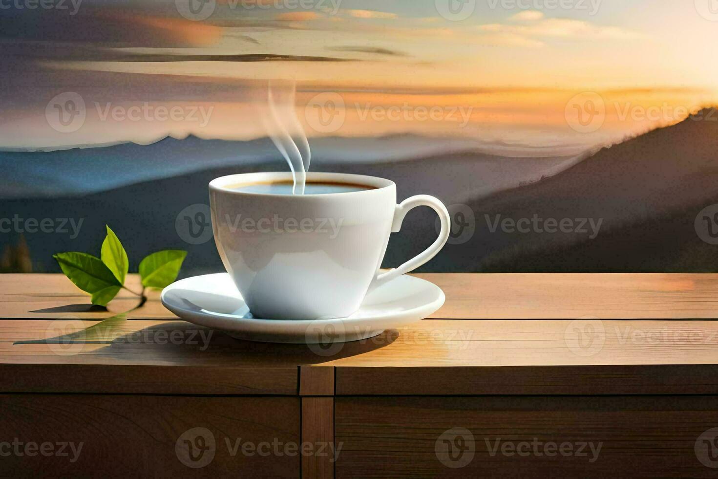 coffee cup on the table with mountains in the background. AI-Generated photo