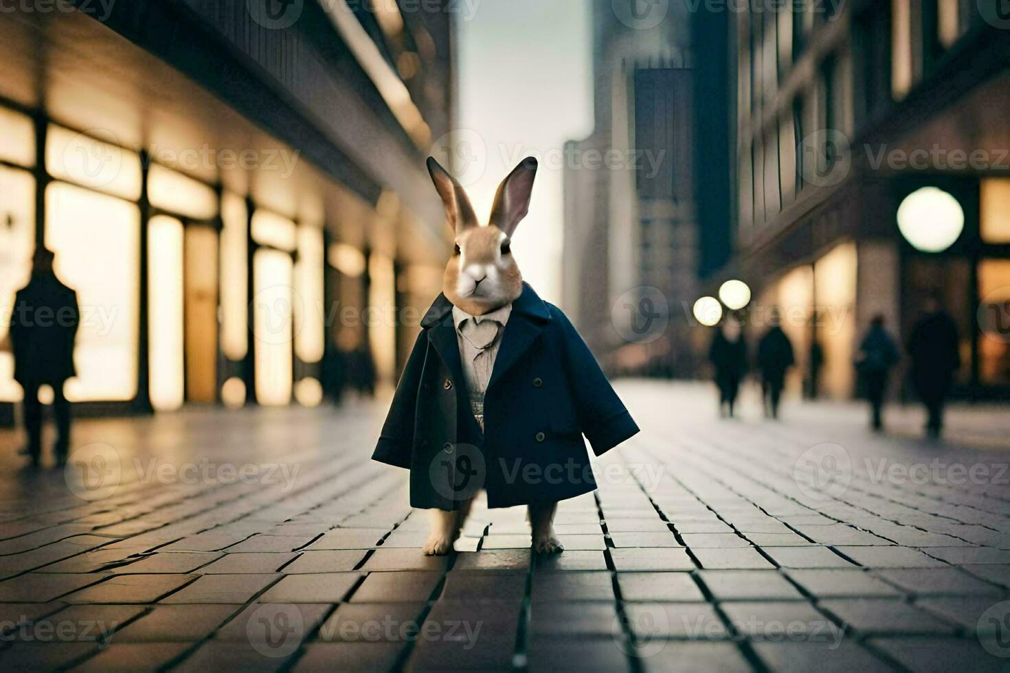 a rabbit dressed in a suit and tie standing on a street. AI-Generated photo