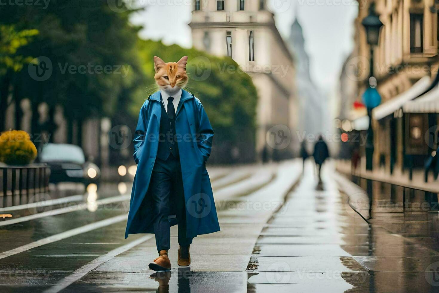 a fox wearing a blue coat and tie walking down a street. AI-Generated photo
