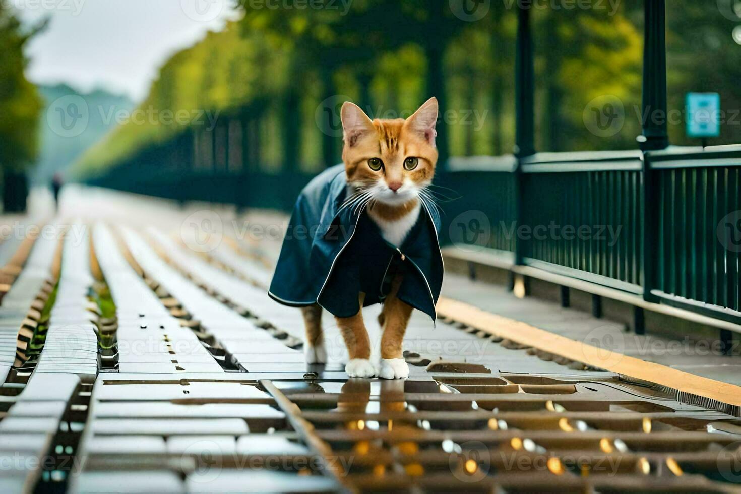 a cat wearing a coat walking on a bridge. AI-Generated photo