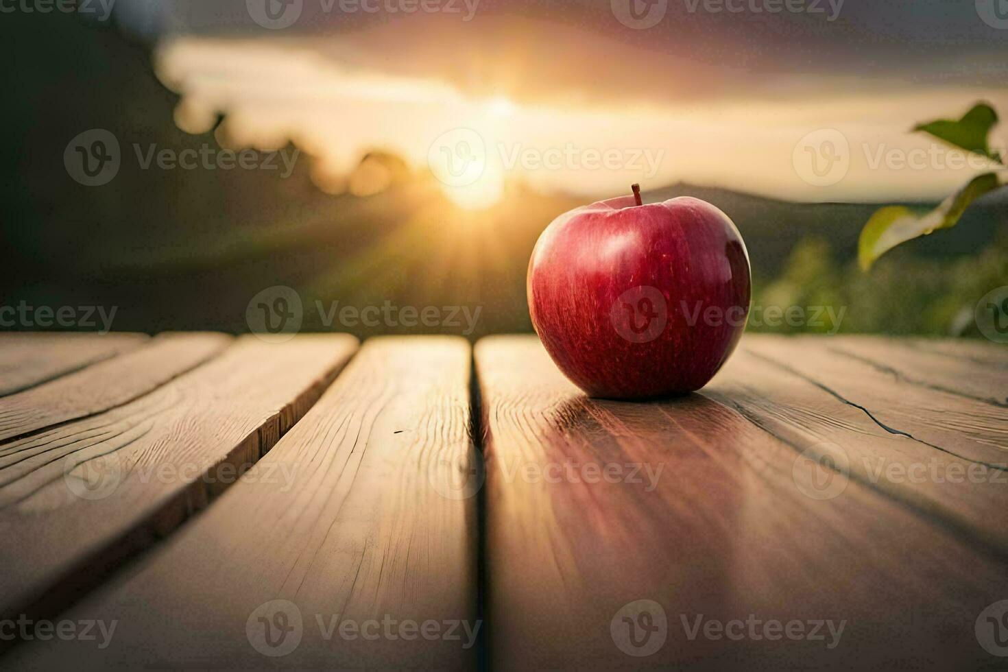 an apple sits on a wooden table in front of the sun. AI-Generated photo