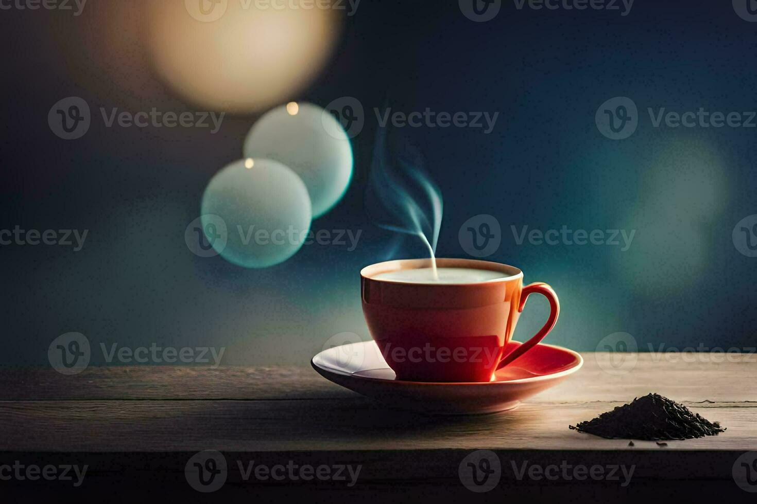 a cup of coffee on a wooden table with a candle. AI-Generated photo