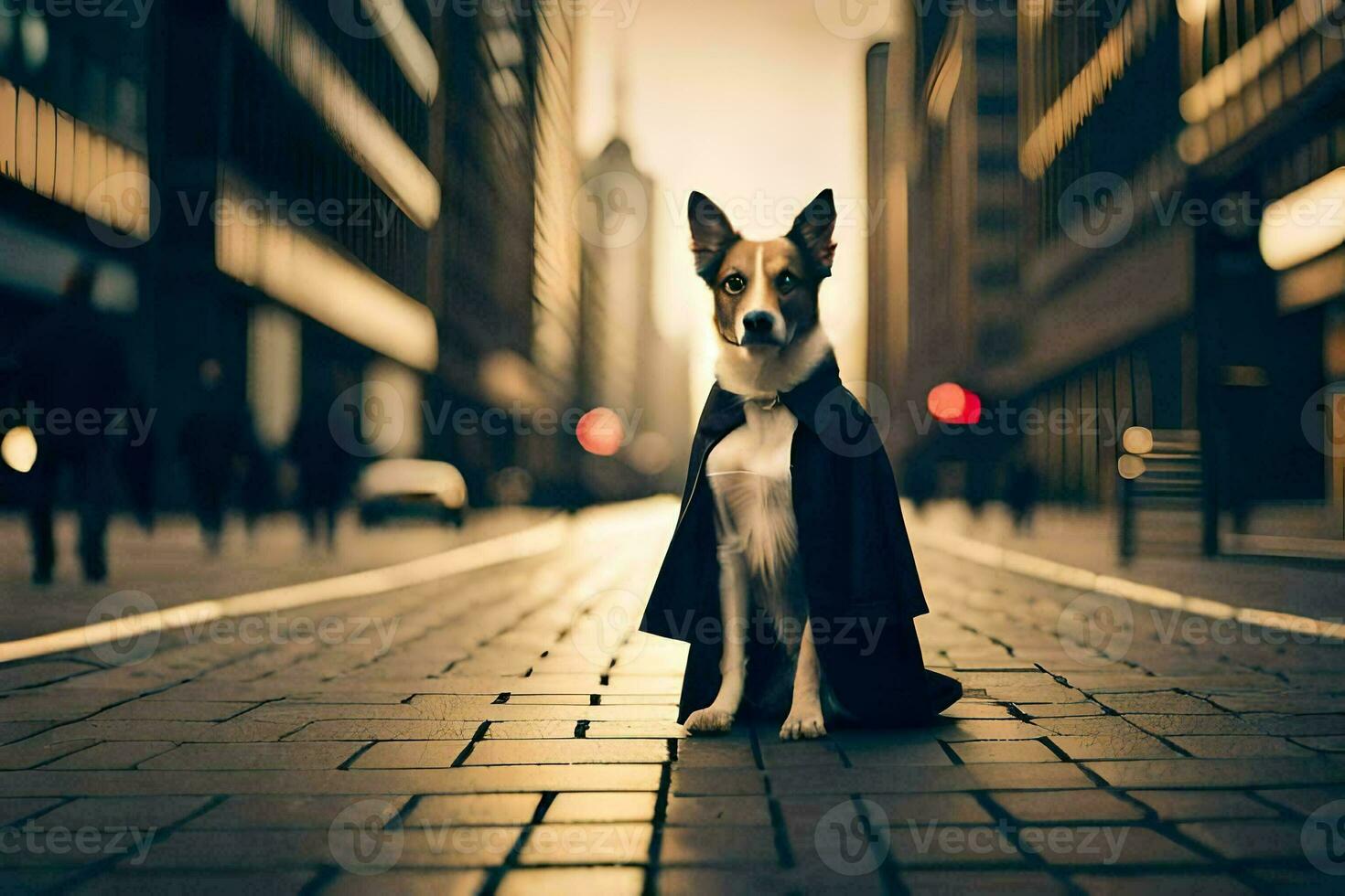 a dog dressed in a cape sits on the street. AI-Generated photo
