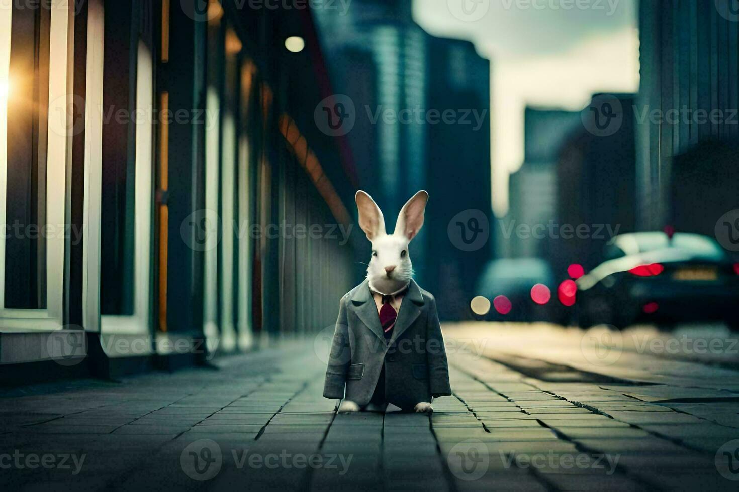 a rabbit in a suit and tie standing on a street. AI-Generated photo