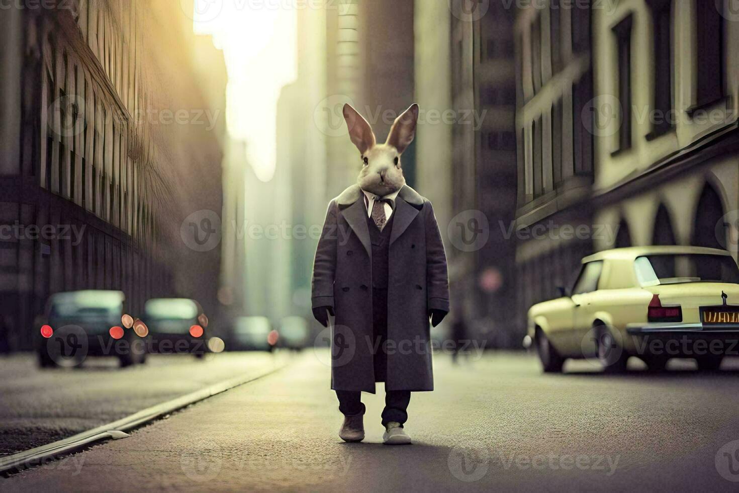 a rabbit wearing a suit and tie standing in the middle of a city street. AI-Generated photo
