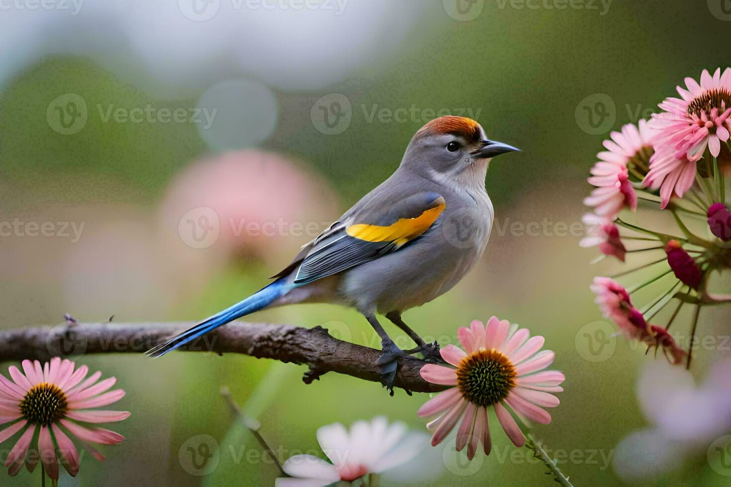 a bird sits on a branch with pink flowers. AI-Generated photo