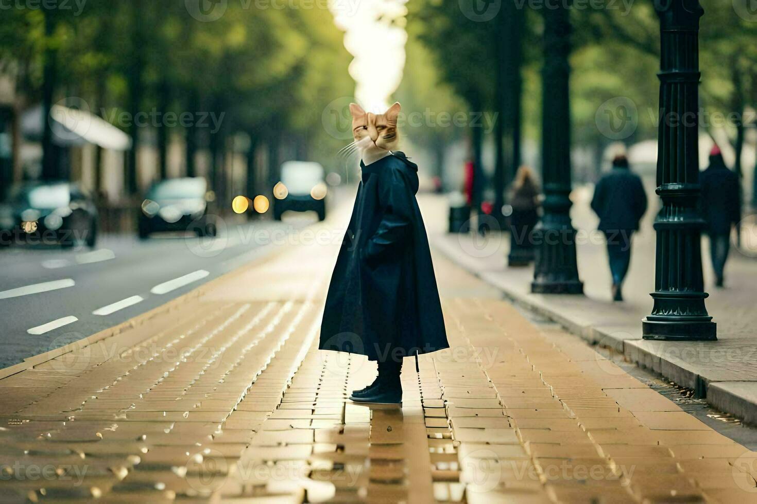 a cat in a coat standing on a street. AI-Generated photo