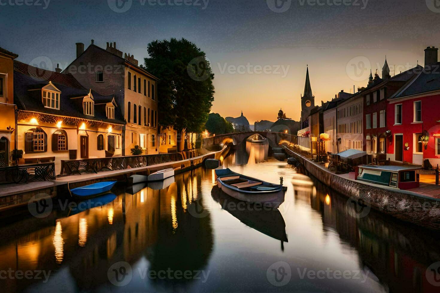 a canal in the middle of a city at sunset. AI-Generated photo