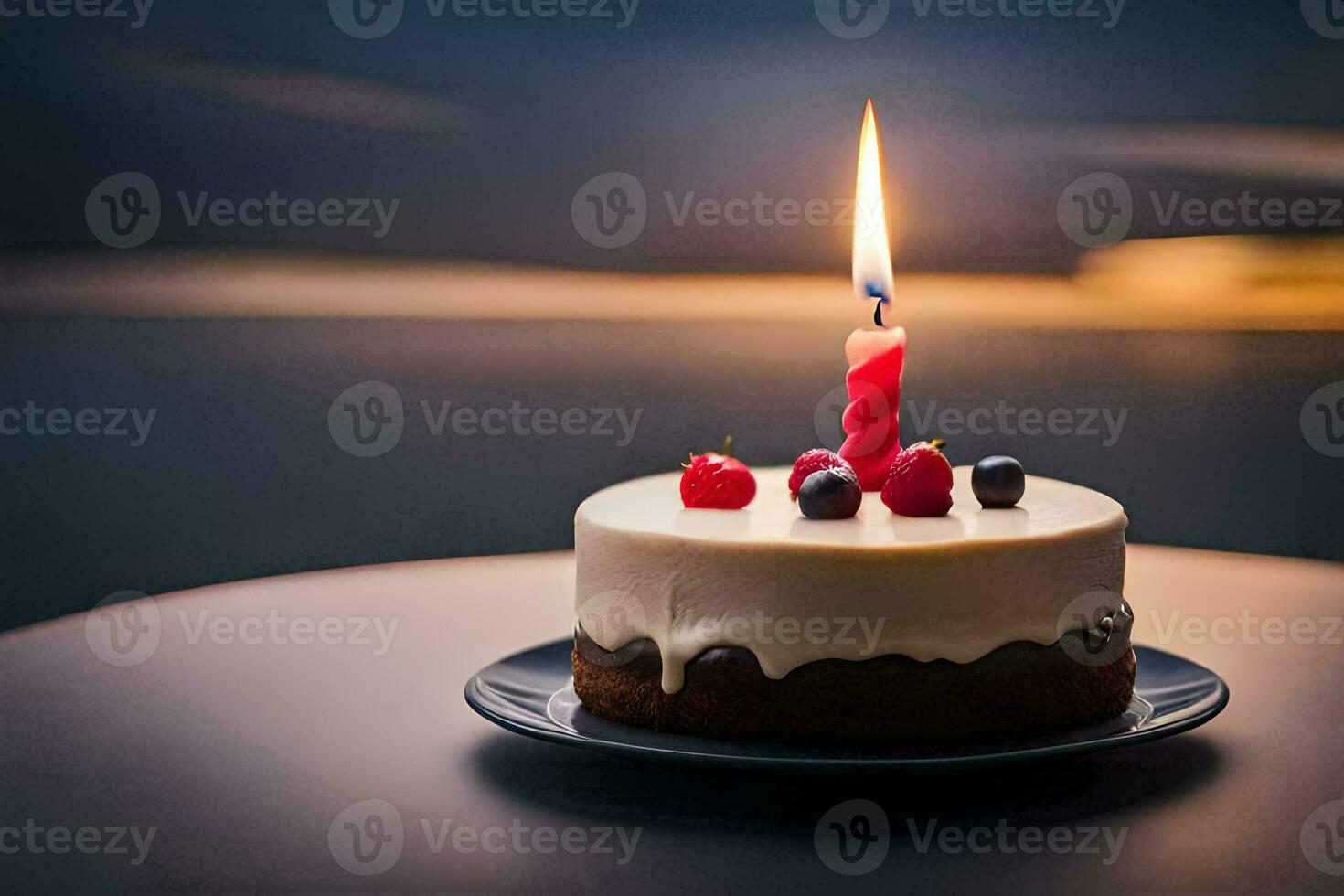 a birthday cake with a single candle on top. AI-Generated photo