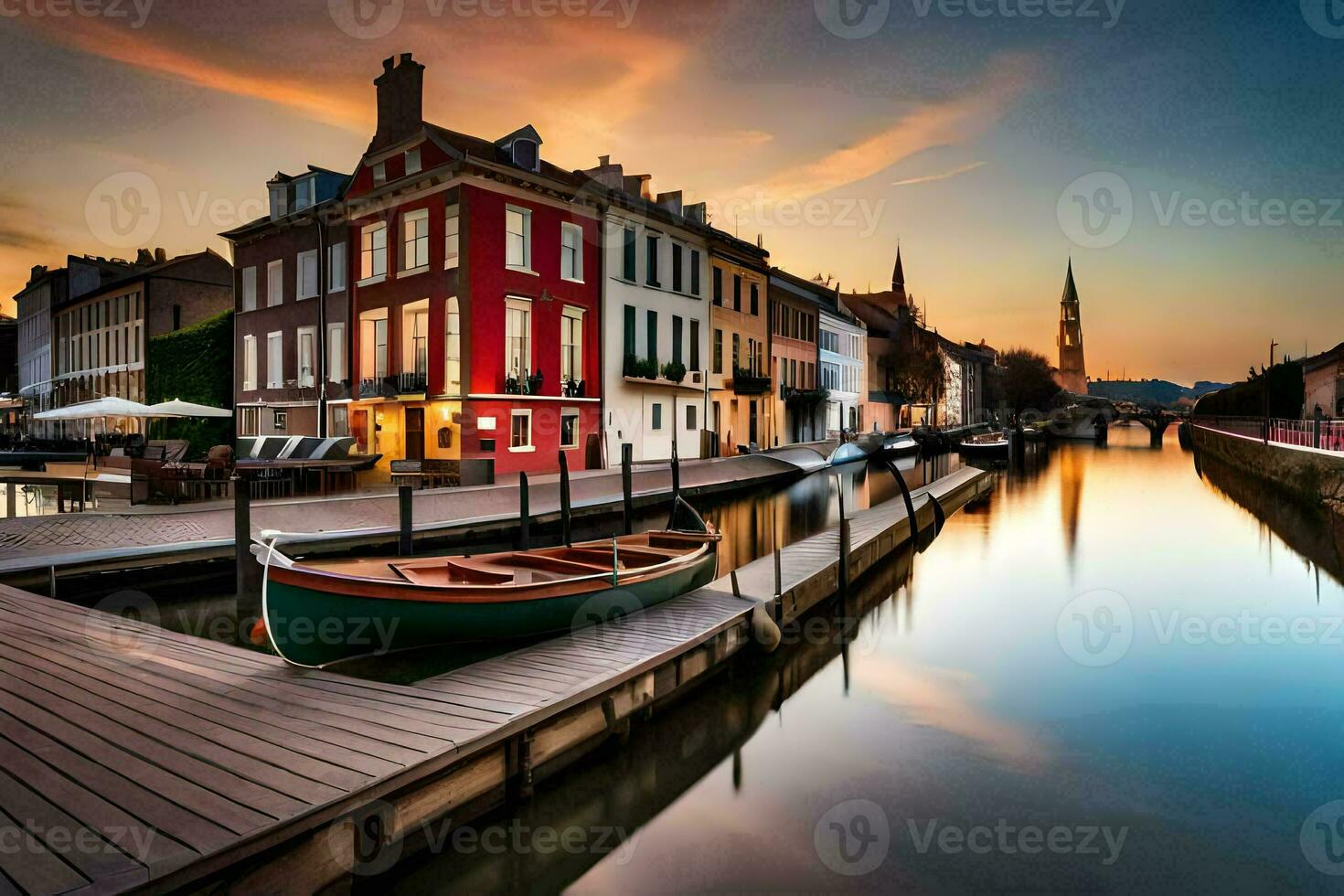 a boat sits on the dock at sunset in a city. AI-Generated photo