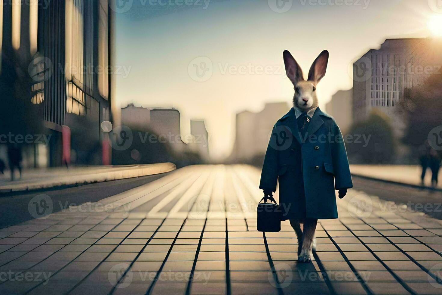a rabbit in a suit and tie walking down a street. AI-Generated photo