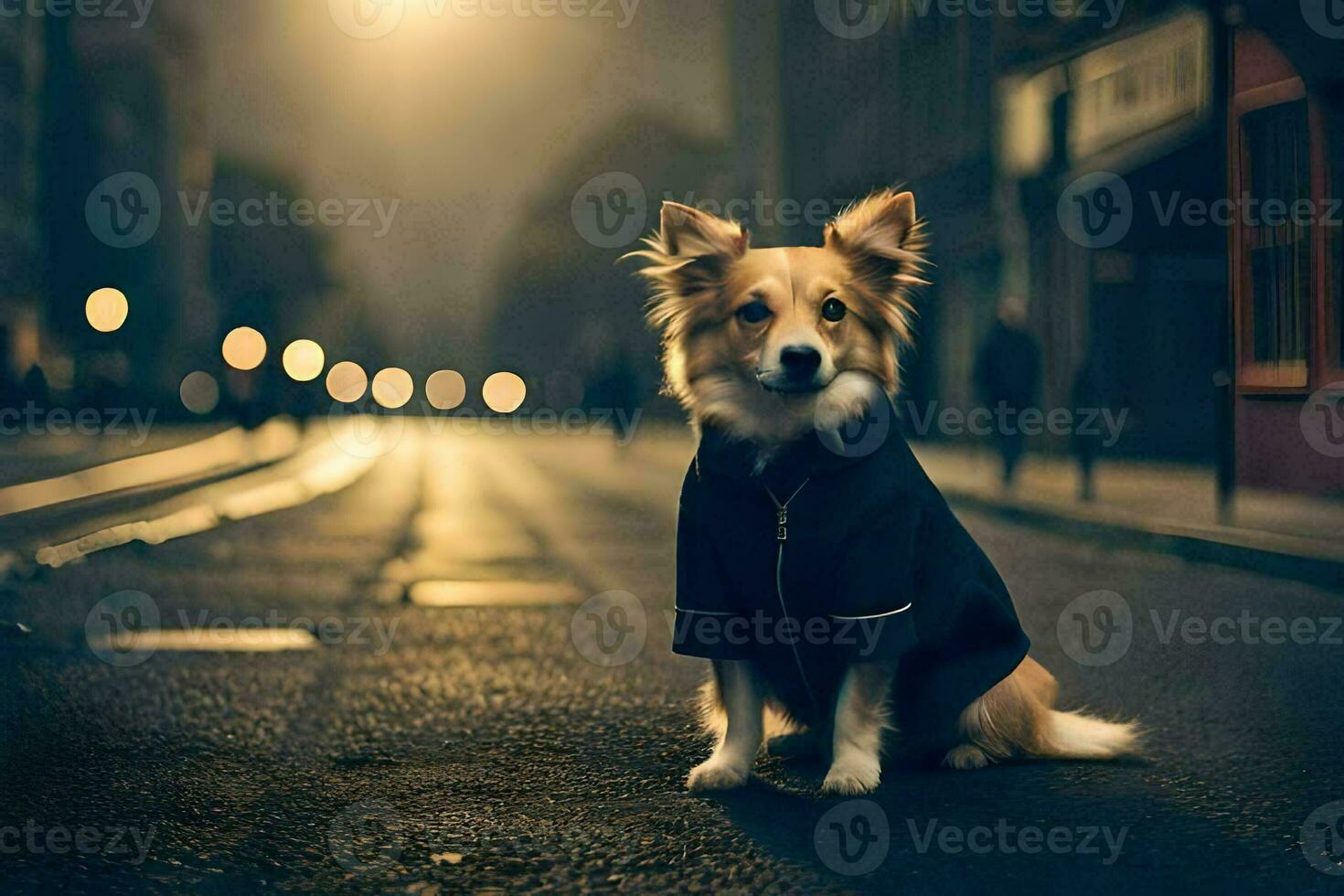 a dog in a coat sitting on the street at night. AI-Generated photo