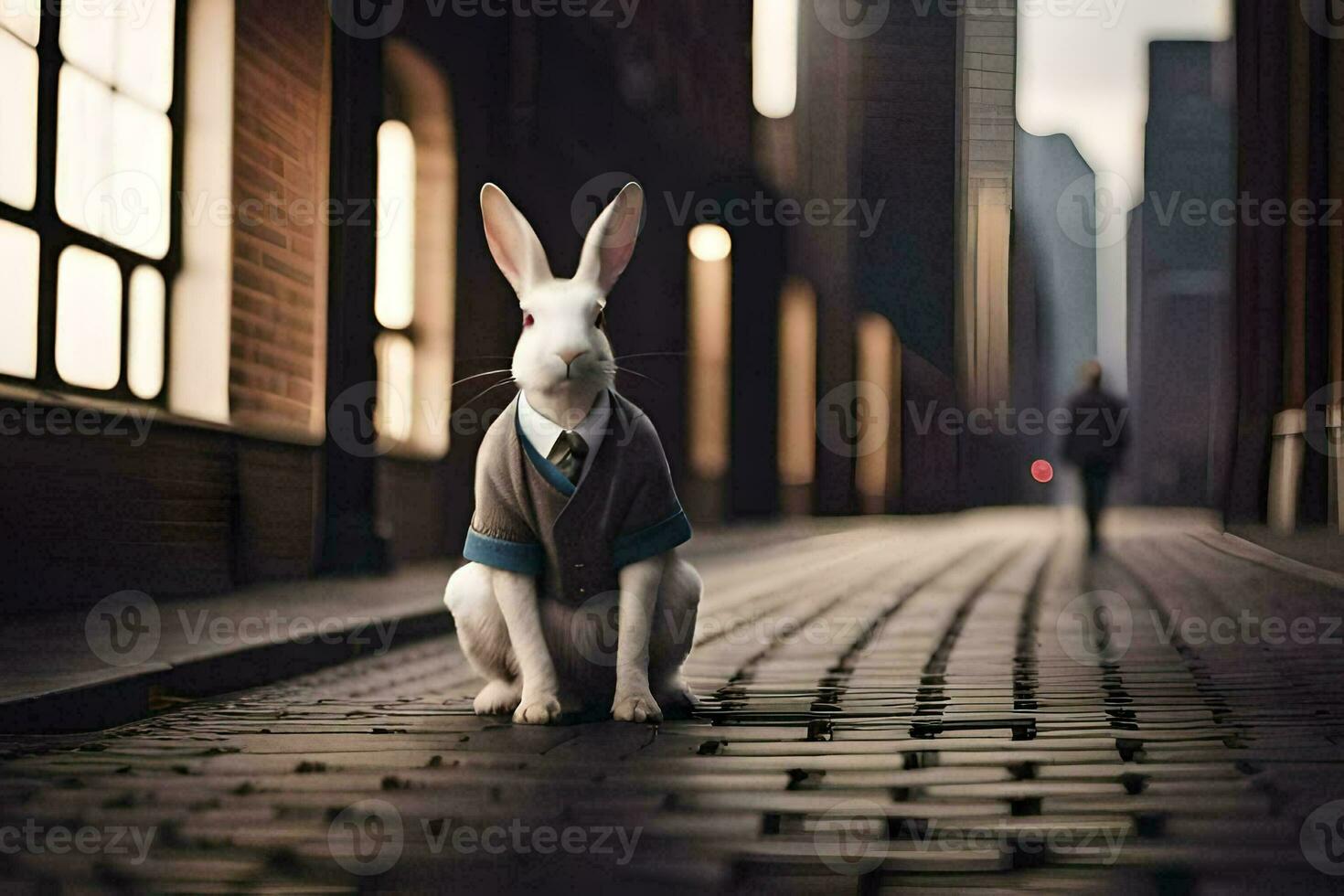 a rabbit in a suit sitting on a brick road. AI-Generated photo