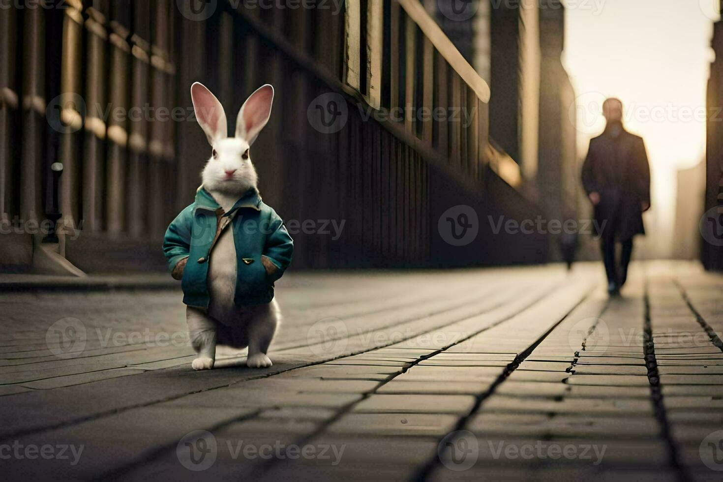 a rabbit in a blue jacket standing on a street. AI-Generated photo