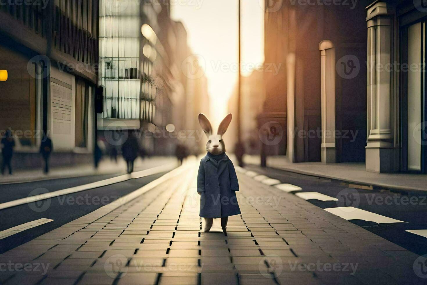 a rabbit is standing in the middle of a city street. AI-Generated photo