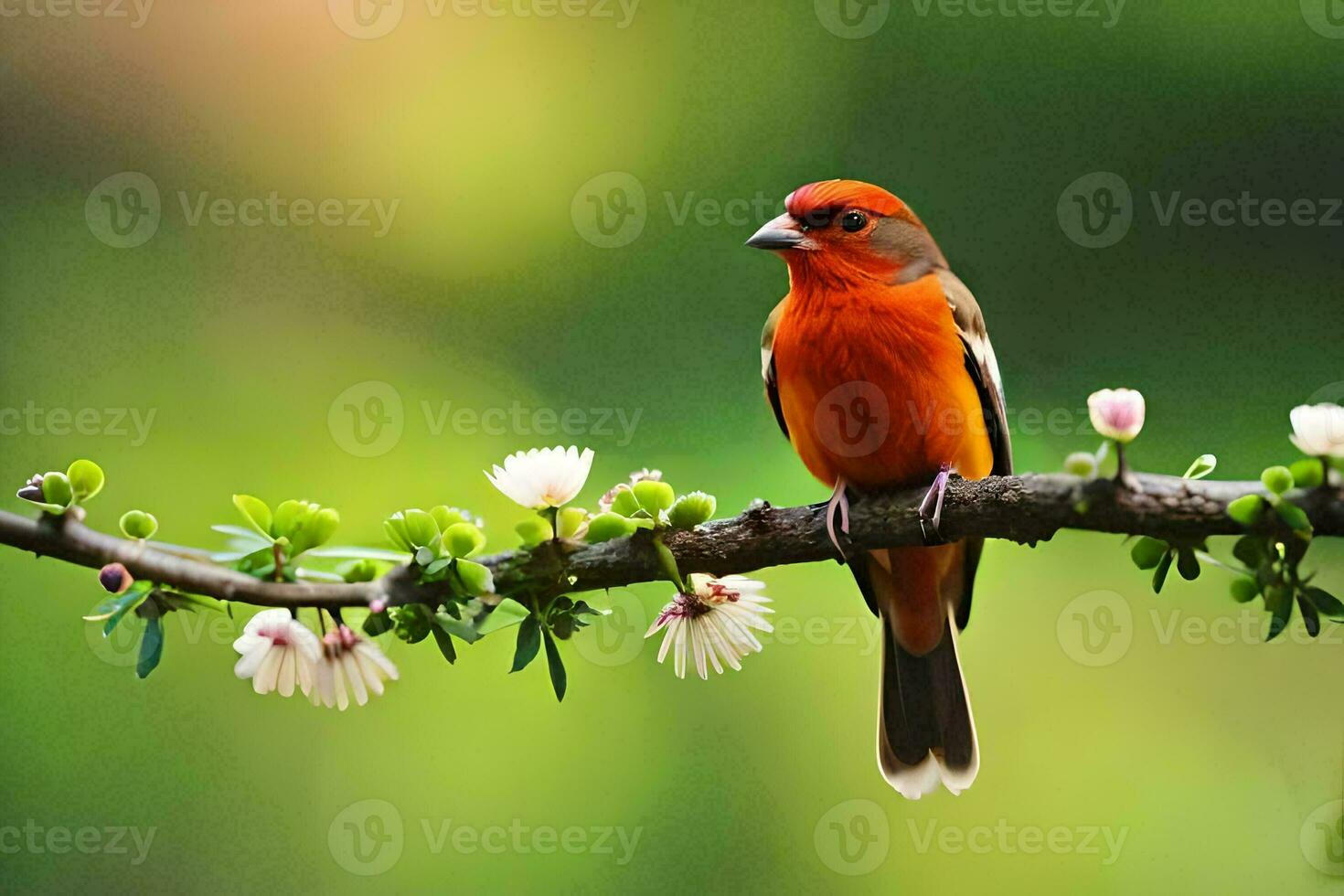 a red bird sits on a branch with white flowers. AI-Generated photo