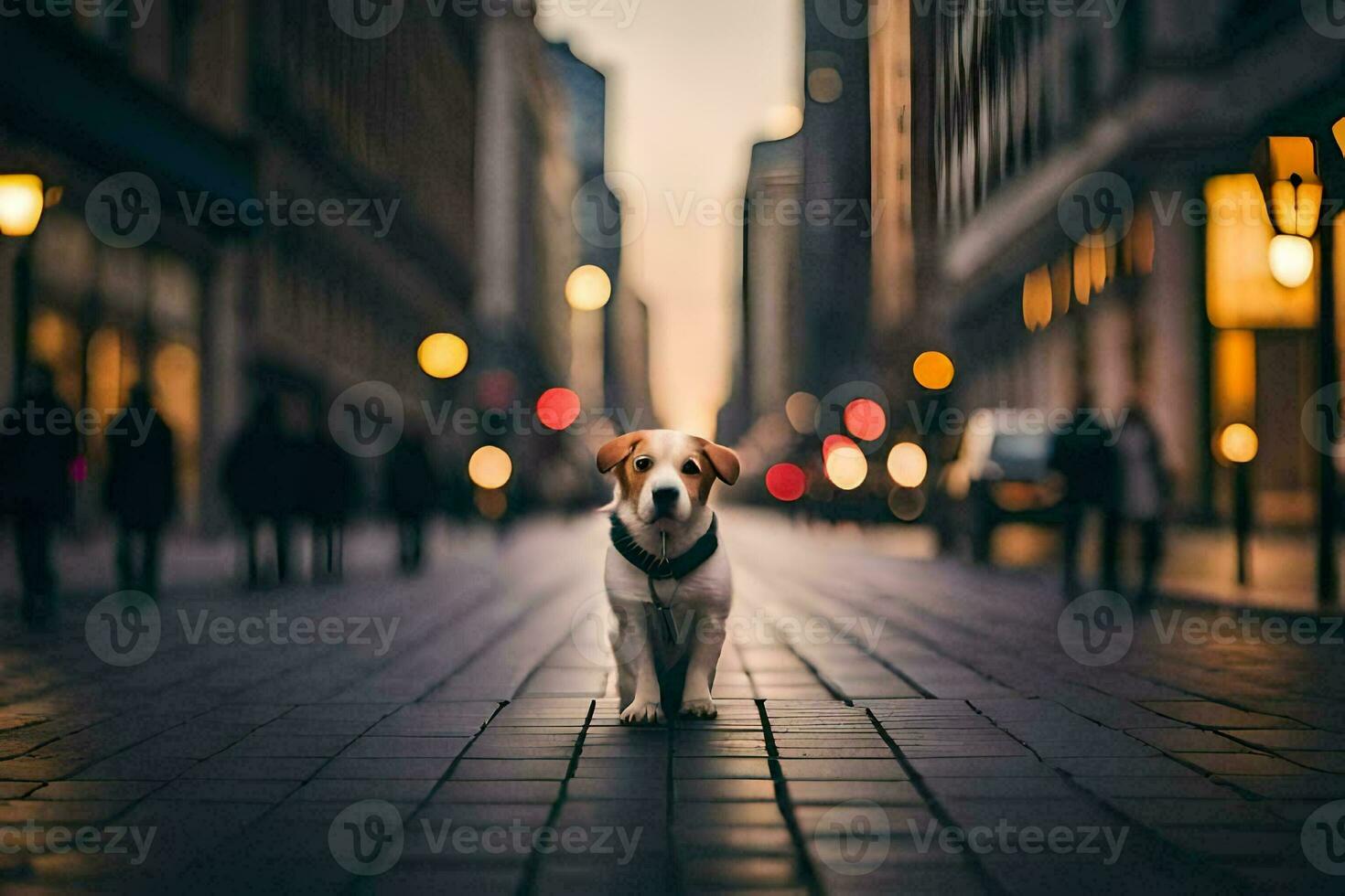 a dog standing on a street in a city. AI-Generated photo