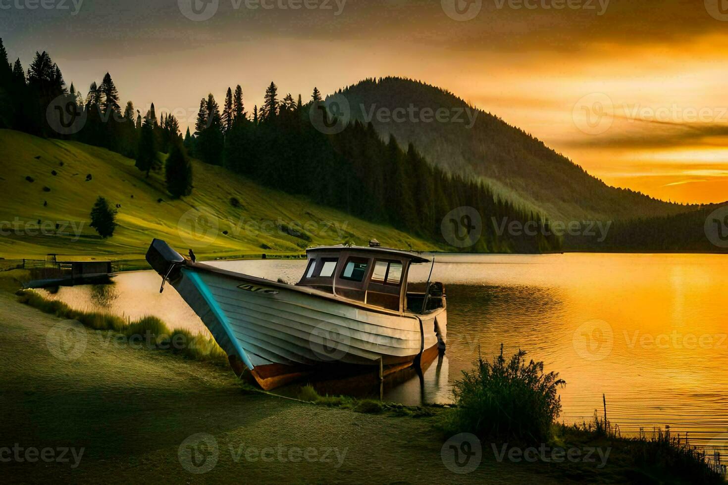 a boat is docked on the shore of a lake at sunset. AI-Generated photo