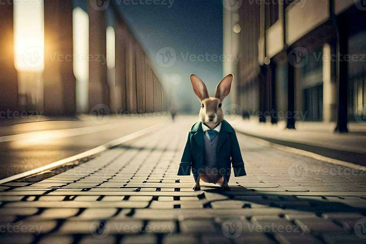 a rabbit wearing a suit and tie standing on a street. AI-Generated photo