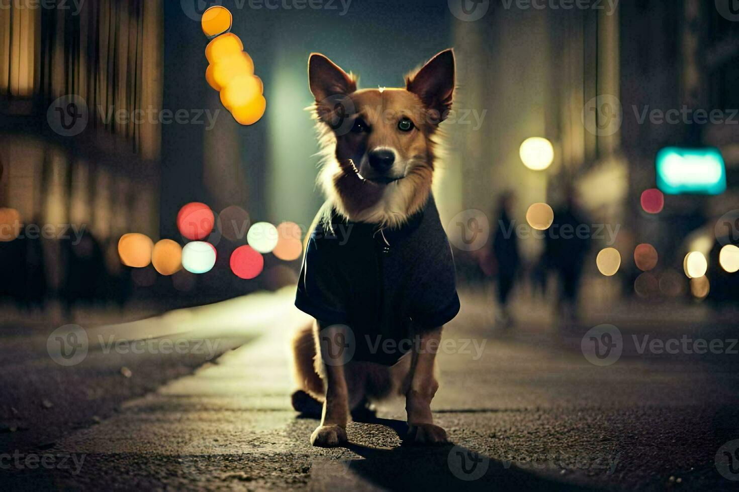 un perro vistiendo un chaqueta en el calle a noche. generado por ai foto