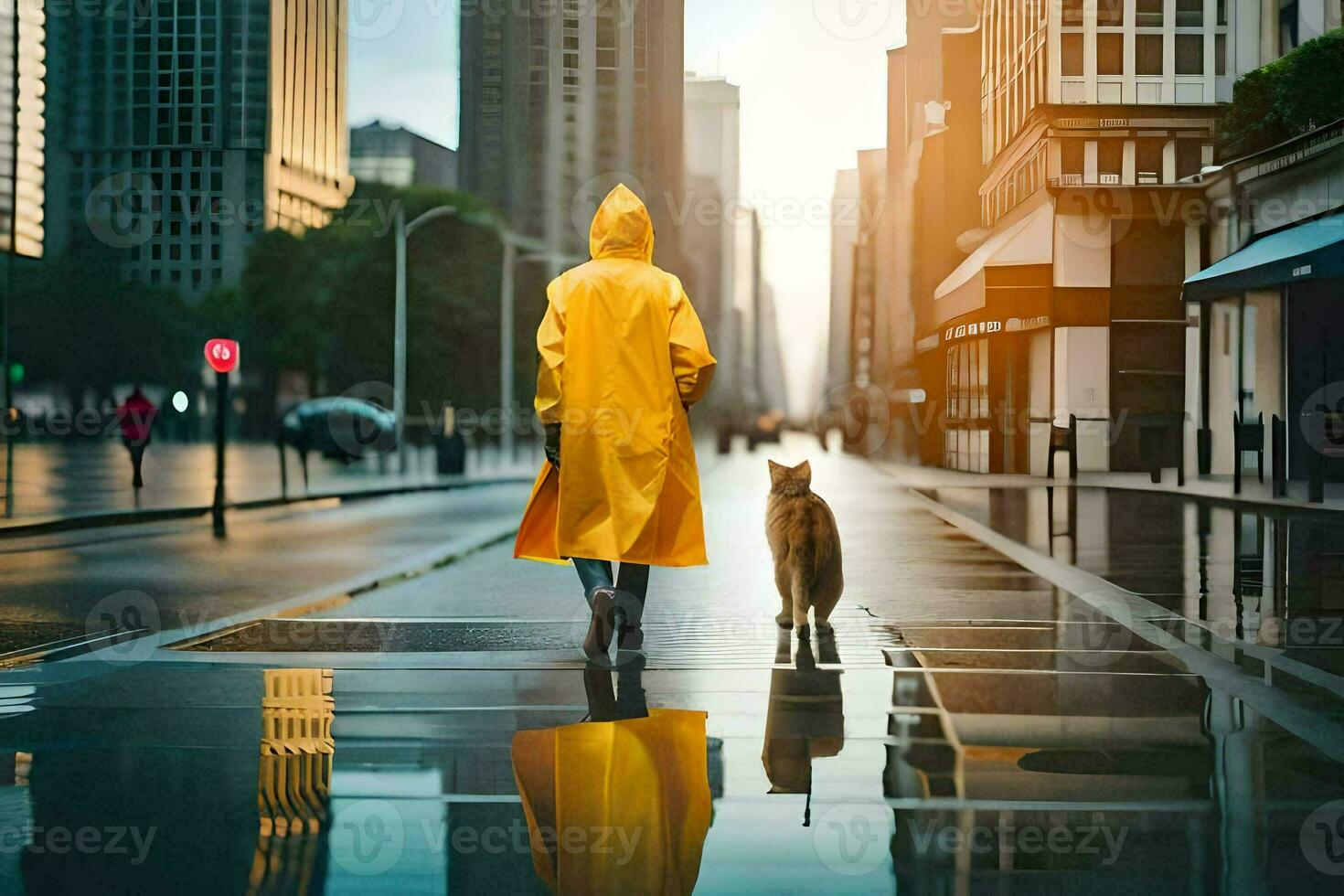 a person in a yellow raincoat walking with a dog in the rain. AI-Generated photo