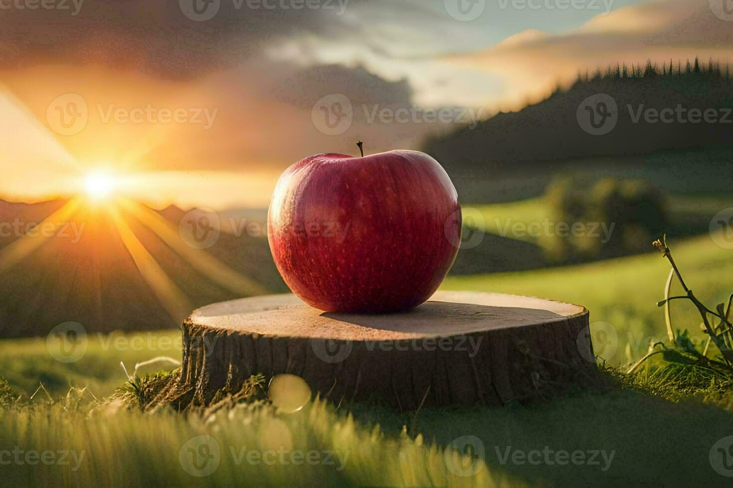 an apple sits on top of a stump in a field. AI-Generated photo