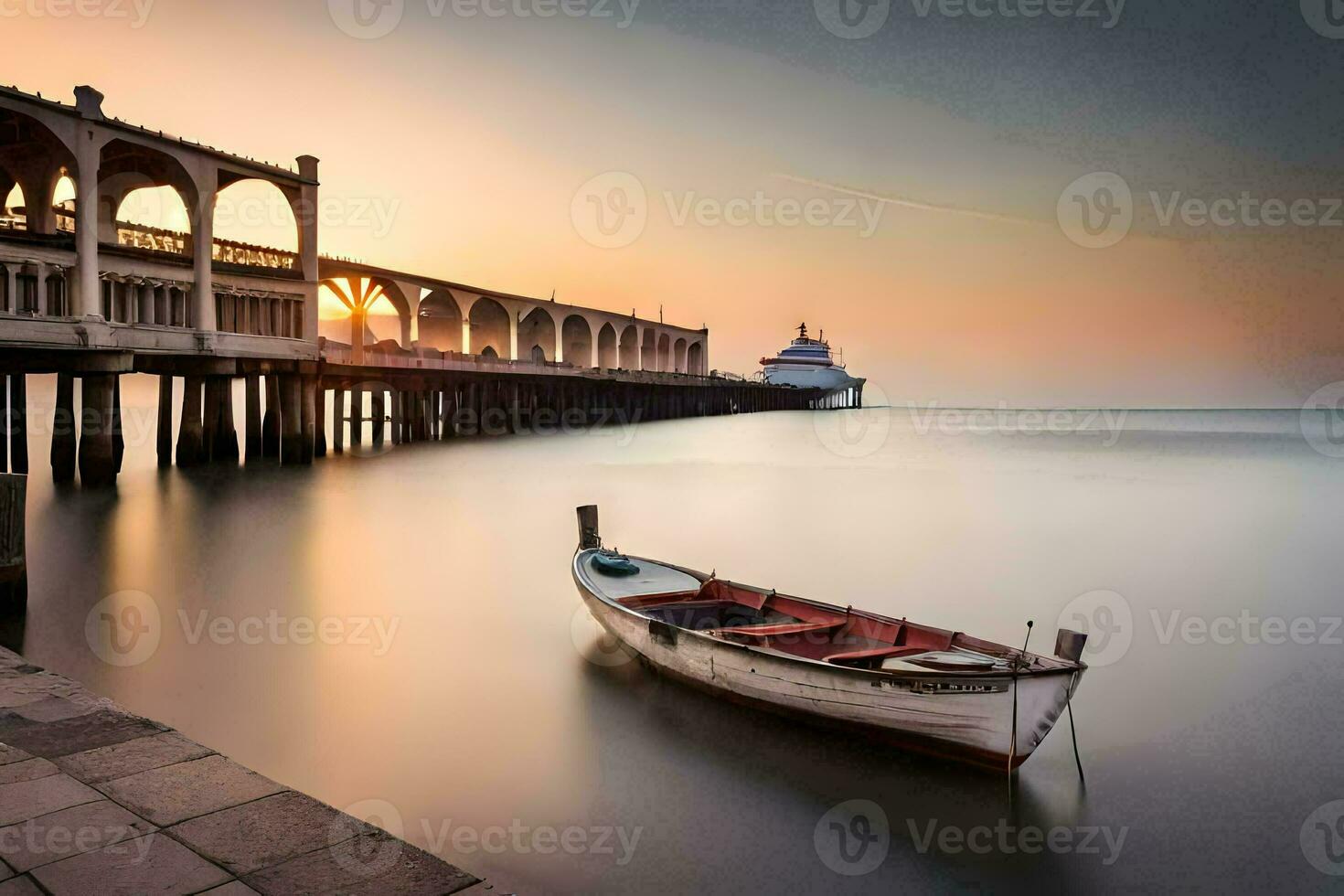 a boat sits on the water near a pier. AI-Generated photo