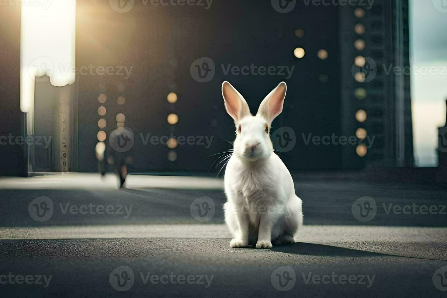 a white rabbit sitting on the ground in front of a city. AI-Generated photo