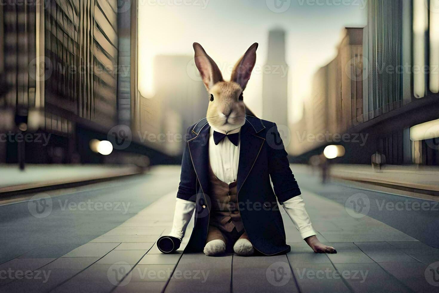 a rabbit dressed in a suit and tie sits on the ground. AI-Generated photo