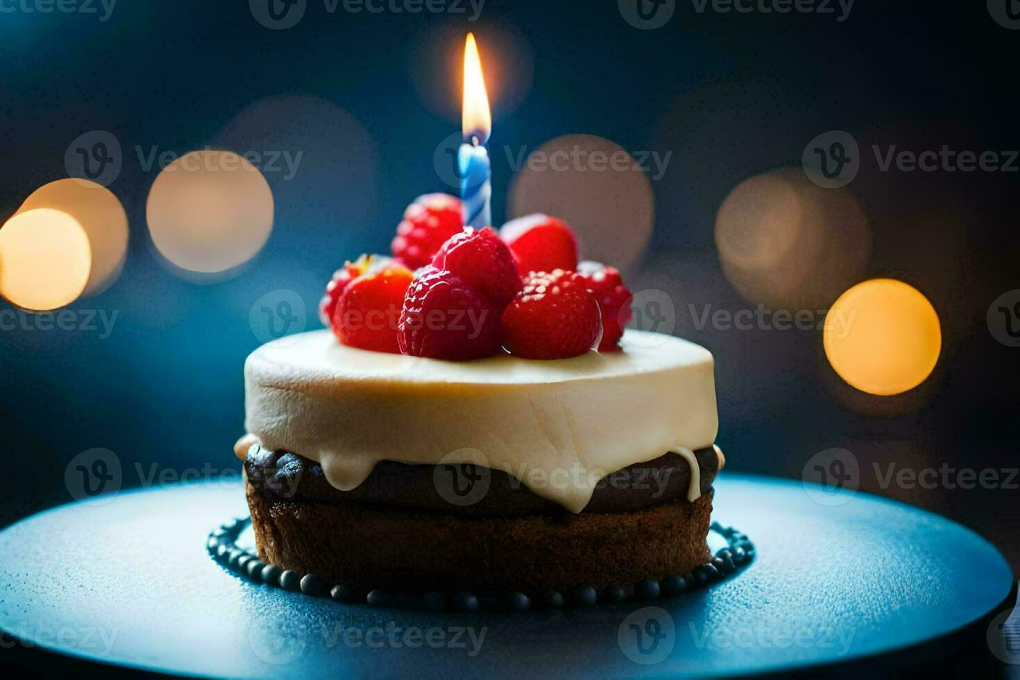 a birthday cake with a single candle on top. AI-Generated photo