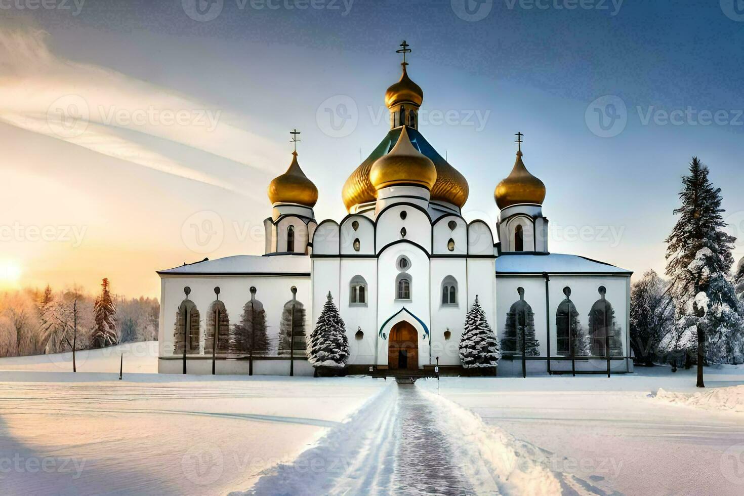 a church in the snow with gold domes. AI-Generated photo