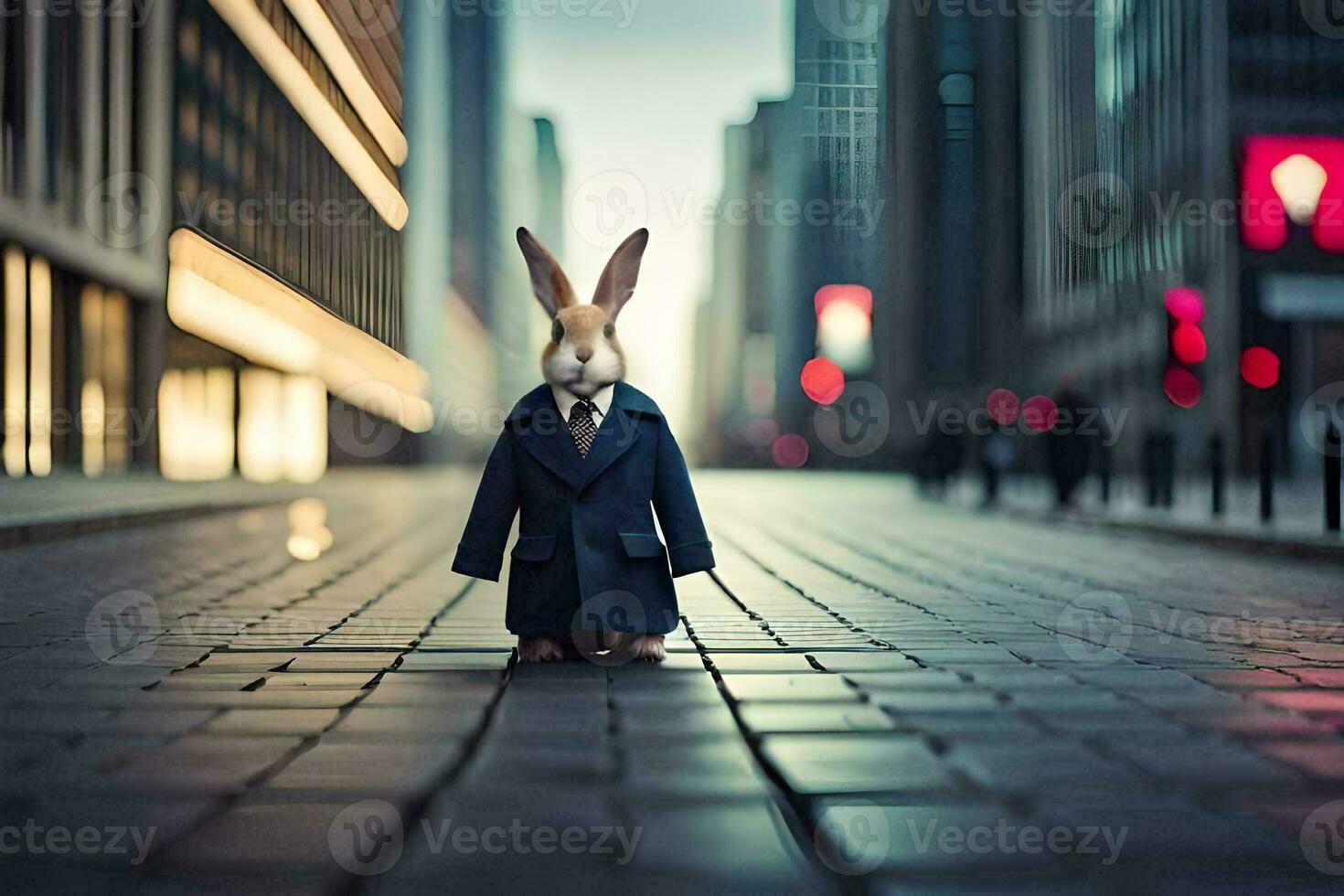 a rabbit dressed in a suit and tie standing on a city street. AI-Generated photo