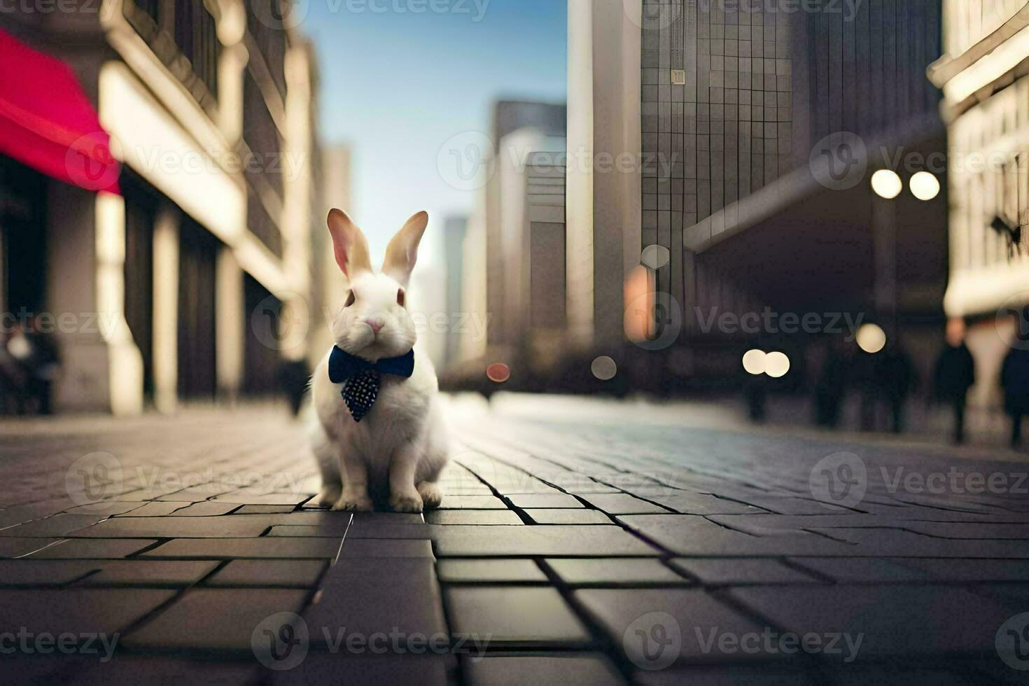 un Conejo es en pie en un ladrillo calle en frente de un edificio. generado por ai foto