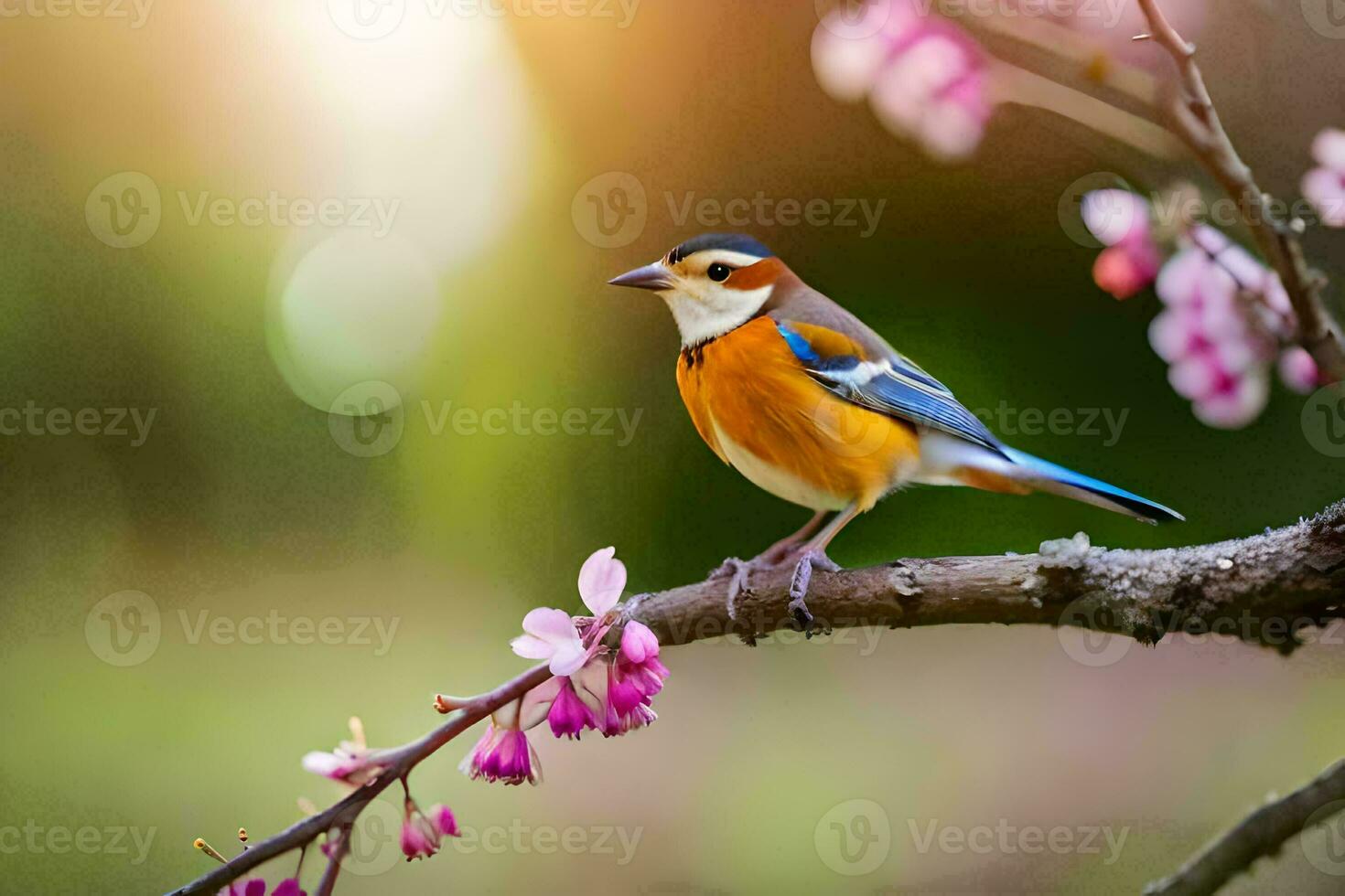 a bird sits on a branch with pink flowers. AI-Generated photo