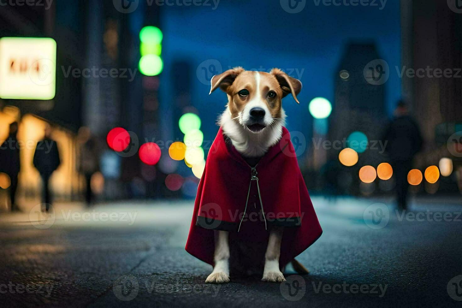 a dog wearing a red cape on the street at night. AI-Generated photo