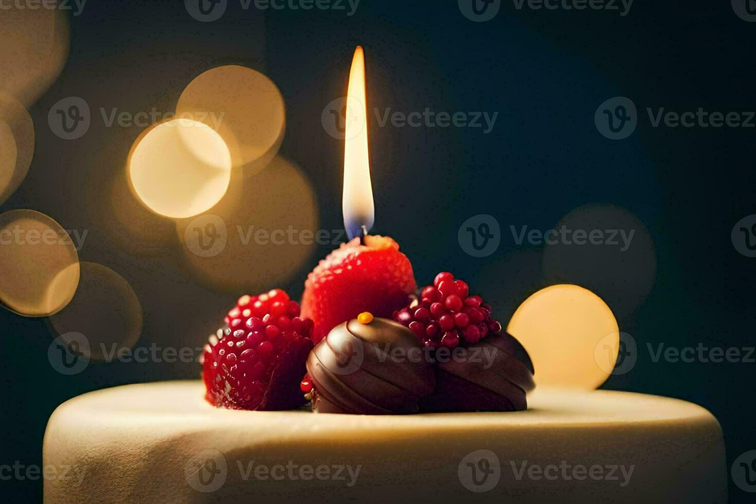 a birthday cake with a single candle. AI-Generated photo