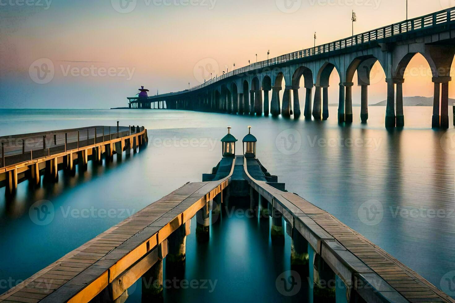 a long exposure photograph of a pier and bridge at sunset. AI-Generated photo