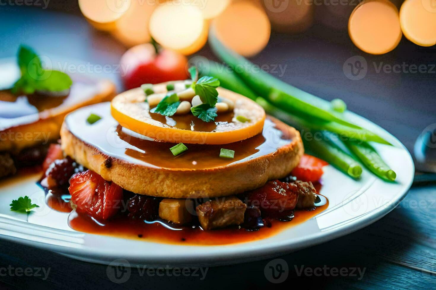 a plate with a pancake topped with sauce and green beans. AI-Generated photo