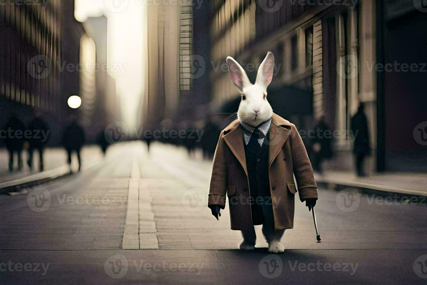 a rabbit dressed in a suit and tie walking down a city street. AI-Generated photo
