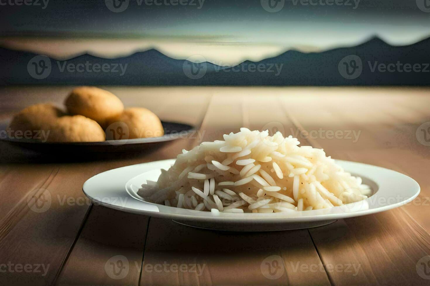 a plate of rice and meatballs on a wooden table. AI-Generated photo